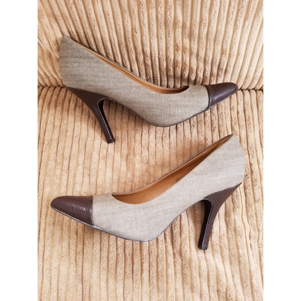 Nine West Gimmelo Tweed and Brown Snake Skin Heels
